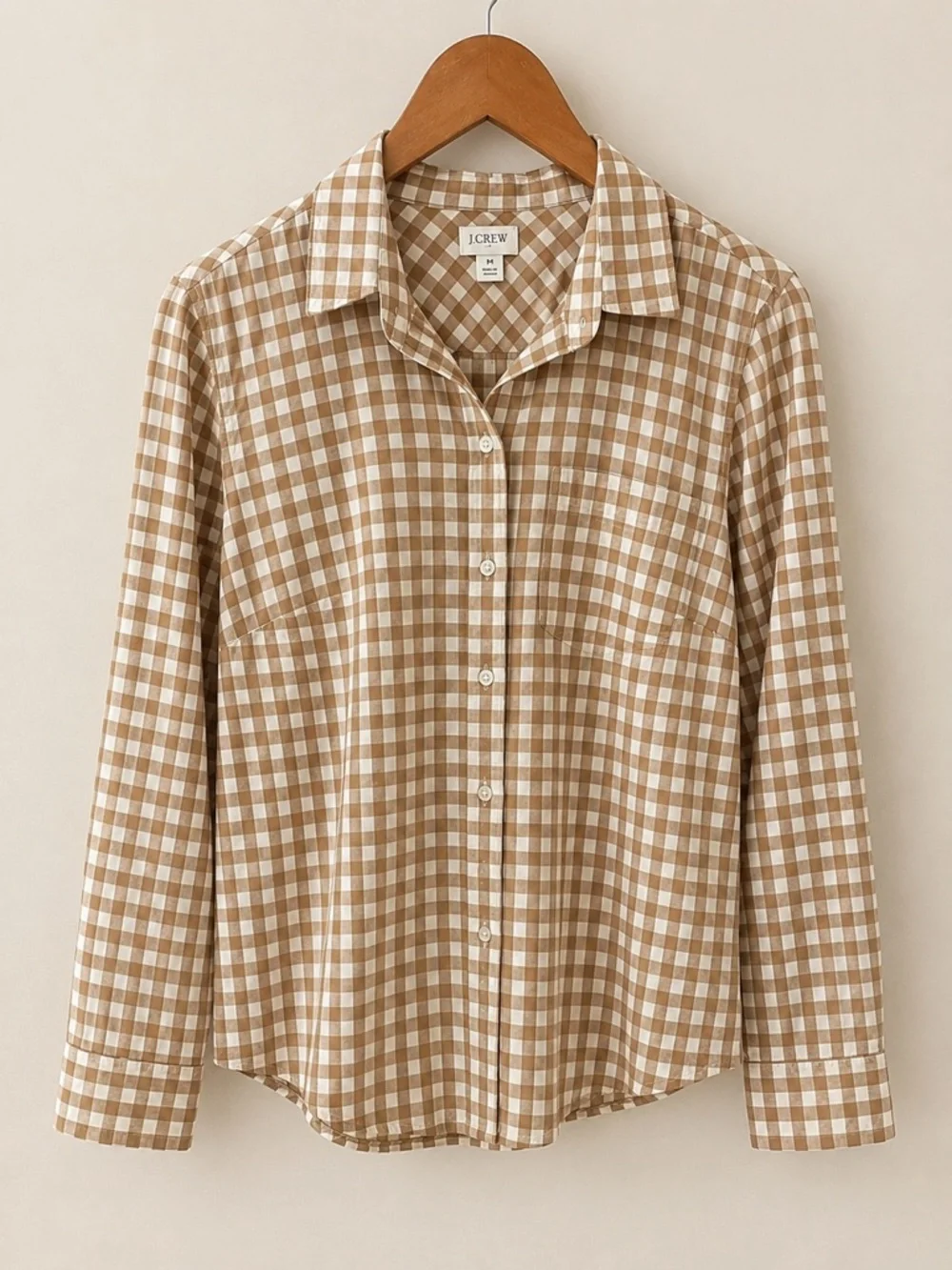 J.Crew Brown & Ivory Gingham Button Front Shirt 100% Cotton Size Medium